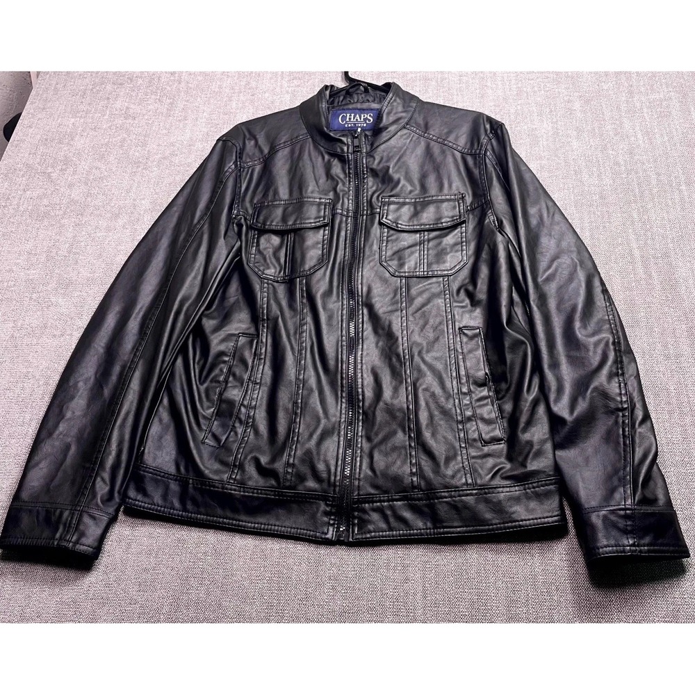 Chaps Faux Leather Jacket Mens Medium Black Lined Mock Neck Outdoor Full Zip